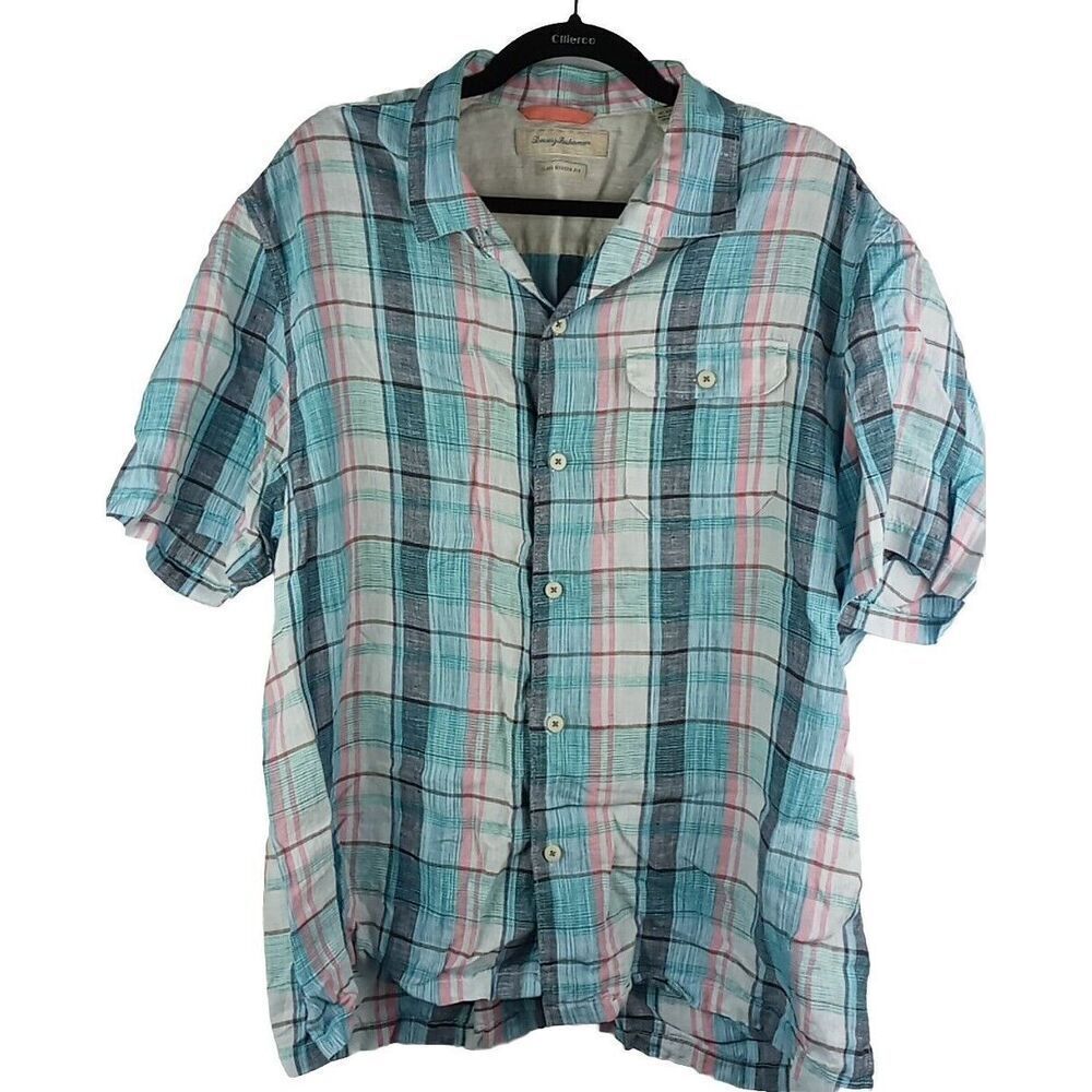 Tommy Bahama Shirt Mens XL  Linen Multicolor Plaid Short  Sleeve Collared Relax